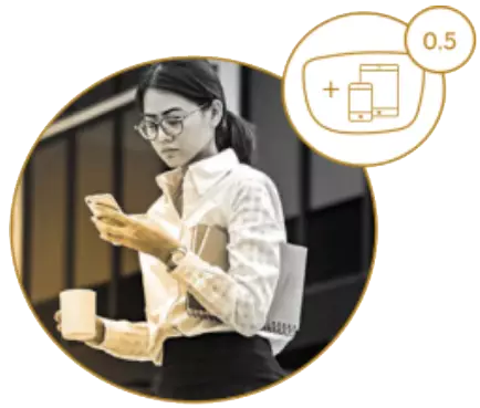 Circle image of woman wearing glasses on a smartphone