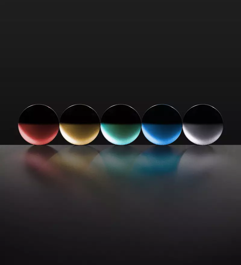 Five different lens treatments of different colours