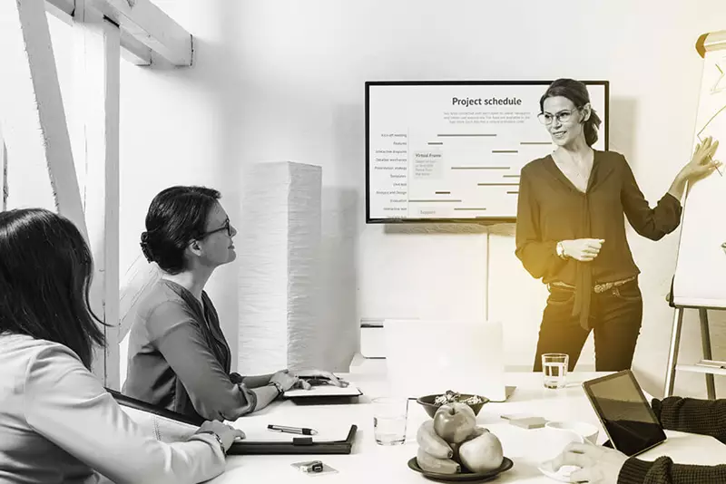 Female standing at front of boardroom taking a business meeting 