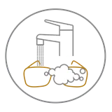 Black circle icon with outline of tap pouring water and glasses underneath