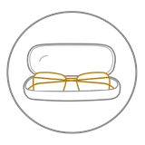 Black circle icon with outline of glasses in case